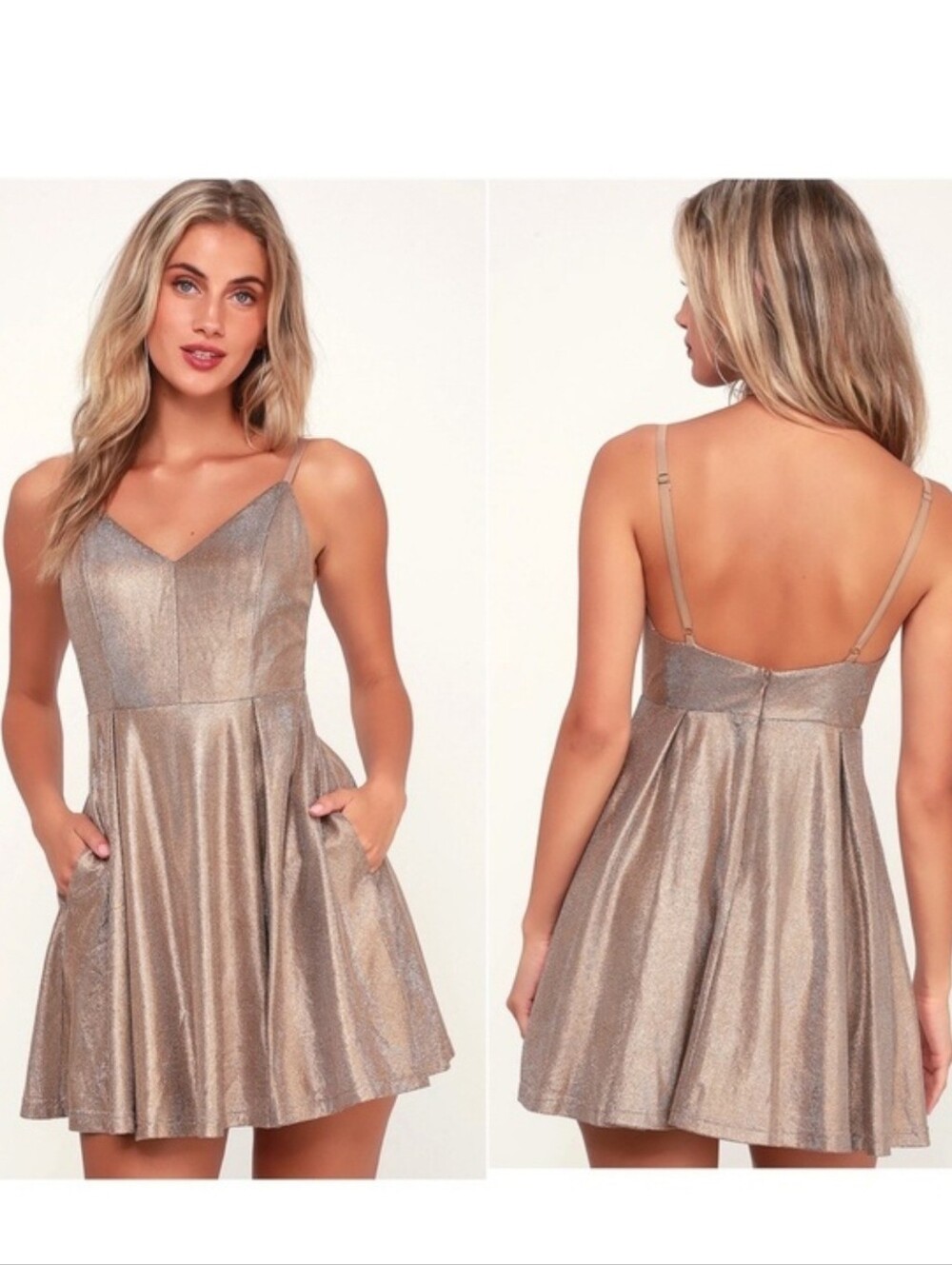 Lulu's Metallic Taupe Gold Strappy Skater Dress
